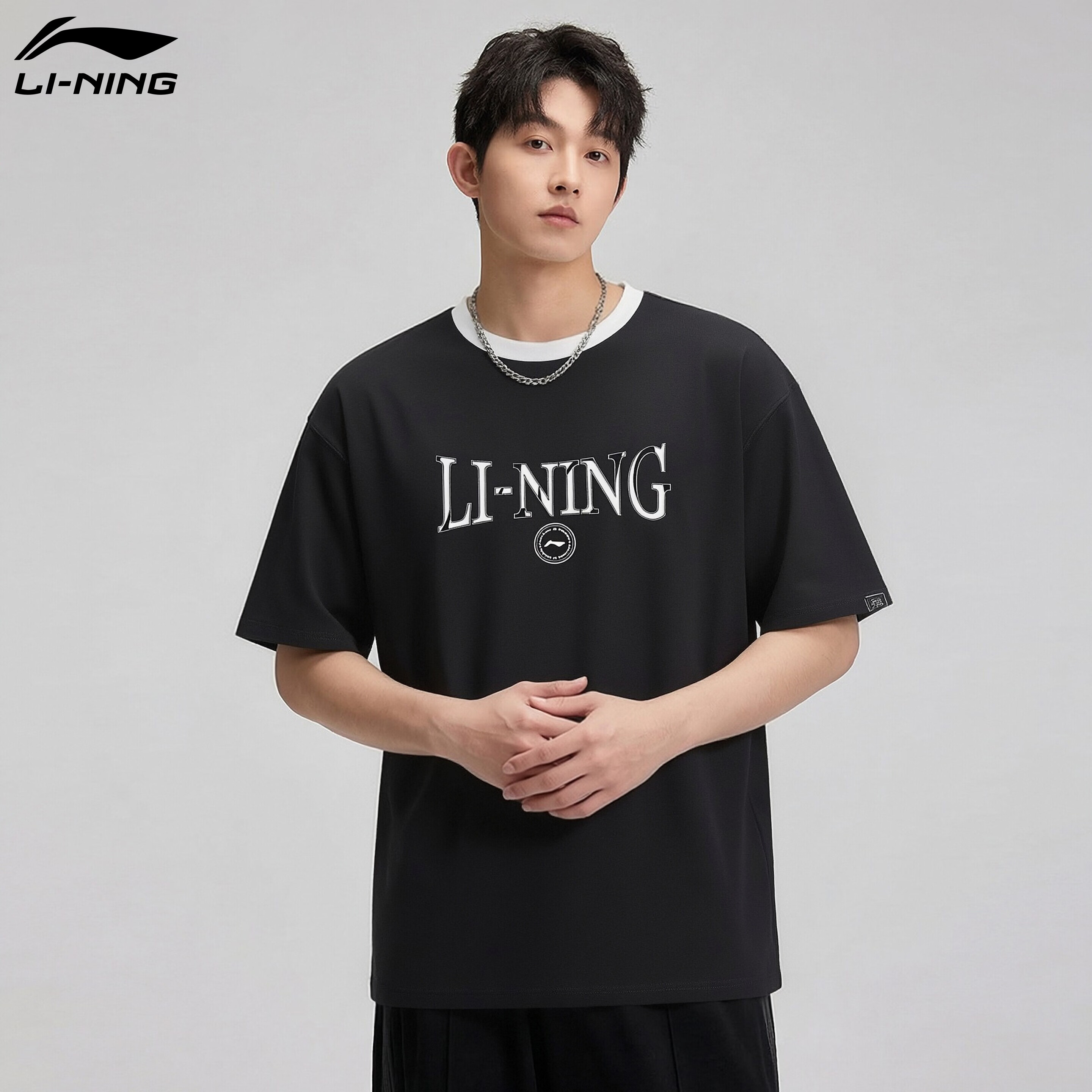 LI-NING Men's Summer Breathable Comfortable Fitness Sports T-Shirt Pure Cotton Fashion Classic Casual Short Sleeve Top