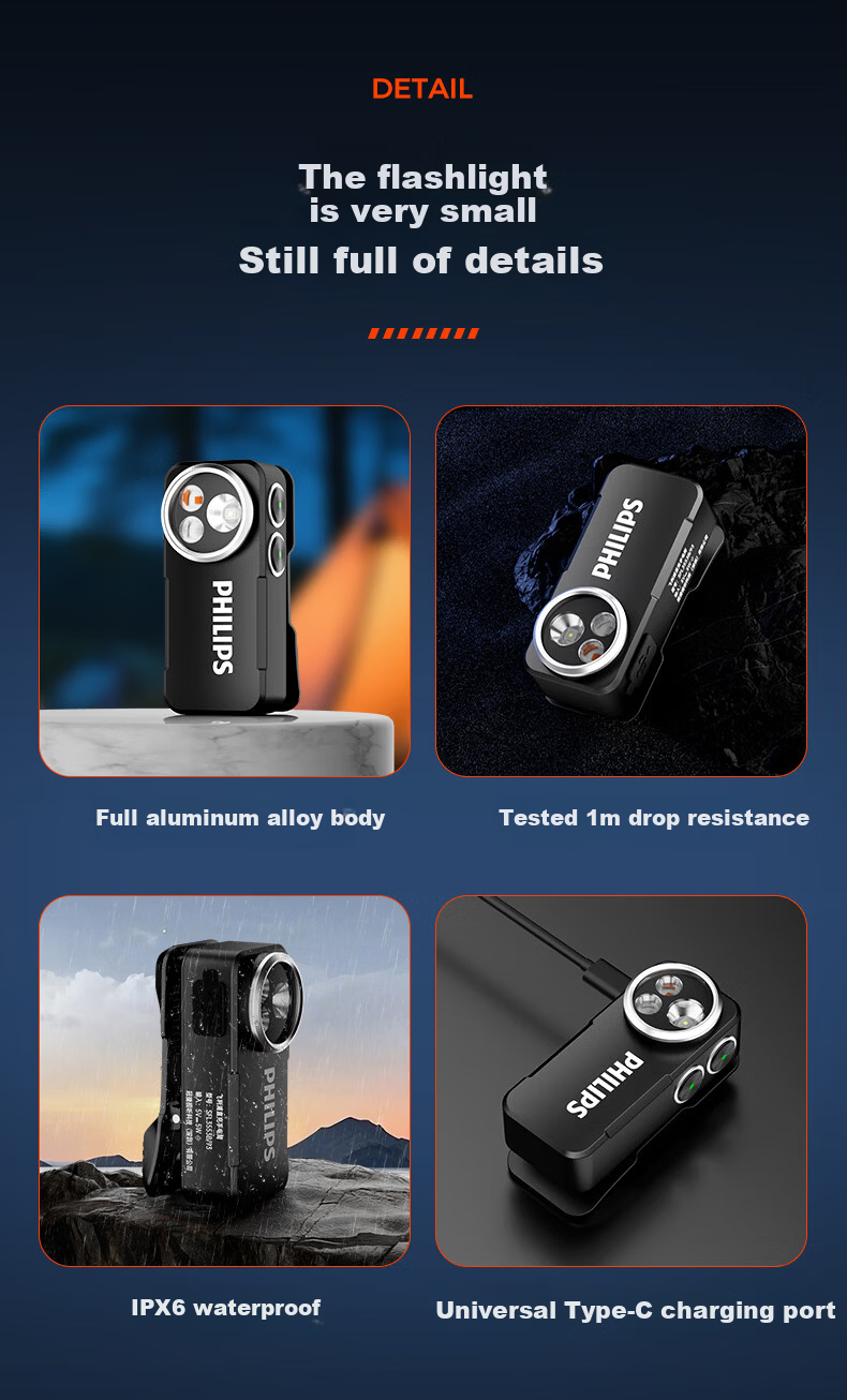PHILIPS EDC Lightweight Ultra-Bright Mini Flashlight Portable Long-Lasting Outdoor Rechargeable Headlamp Magnetic Work Light 13