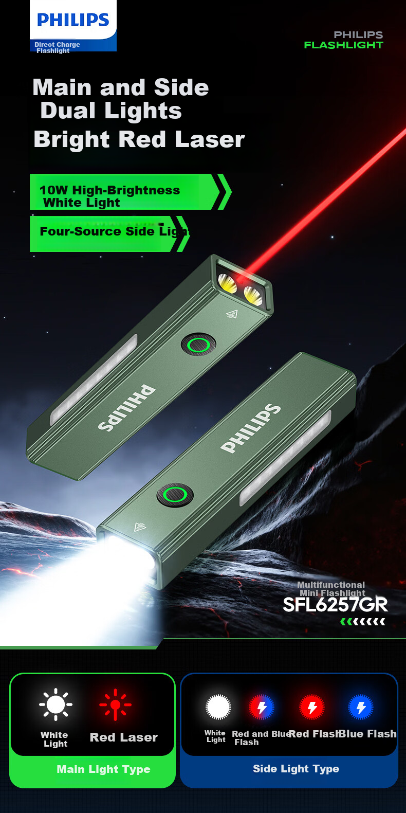 PHILIPS Flashlight, High Brightness, Magnetic Attraction, Household Use, Small Laser Pointer, Infrared Long-Range, Outdoor Lighting, Emergency Light, 6257GR 2