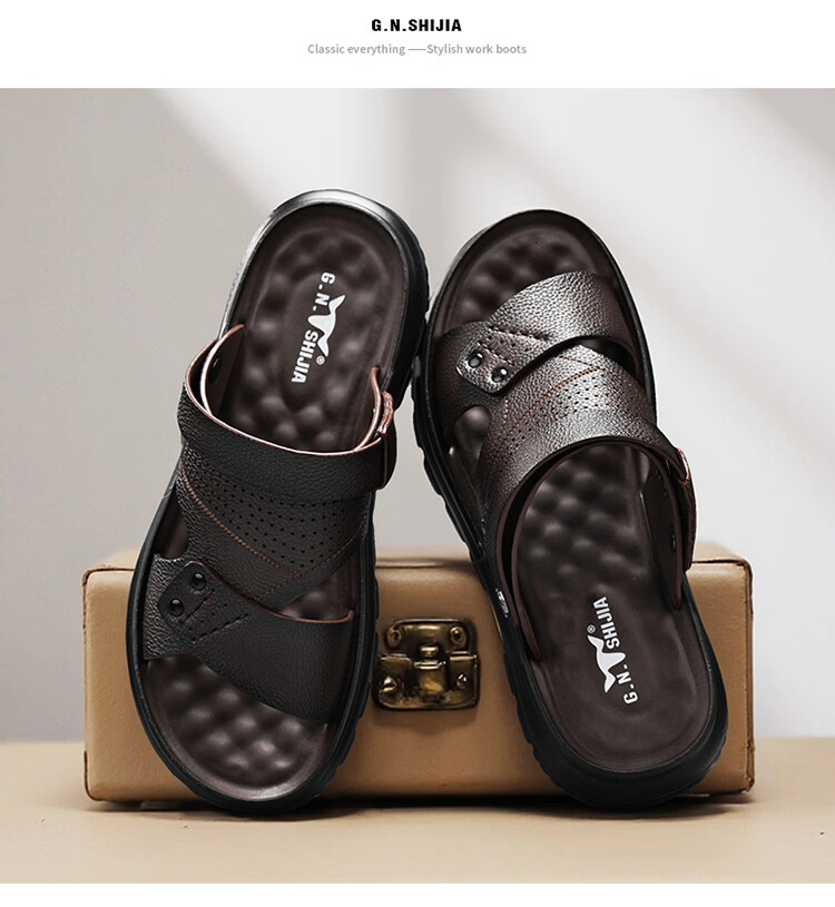 Bull Family Men's Leather Sandals Summer New Genuine Leather Soft Sole Breathable Beach Shoes Men's Versatile Two-Way Commuter Casual Slippers 20