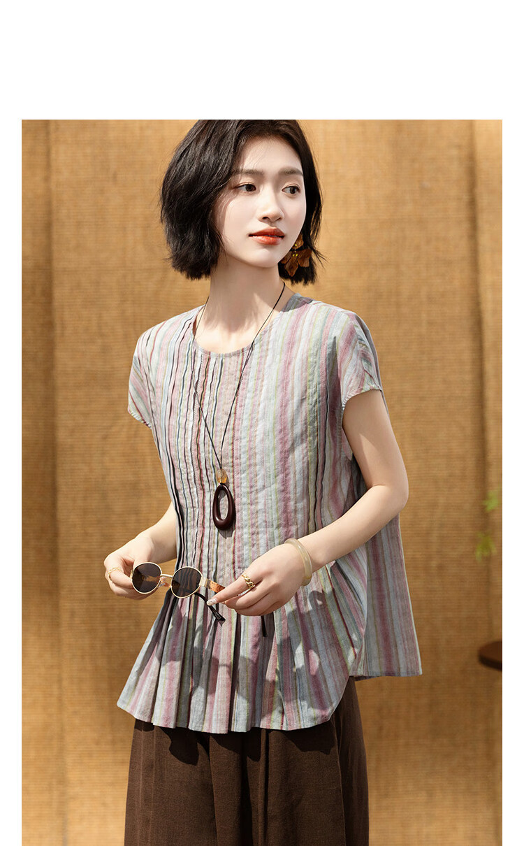 Demana Fresh Cotton Summer French Style Round Neck Sleeve Cover Striped Printed Doll Shirt Loose Slim Fit Women's Premium Blouse 9