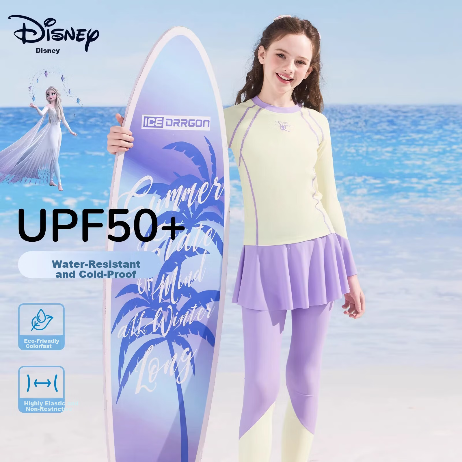 Disney Girls' Two-Piece Long Sleeve Long Pants Swimwear Sun Protection D36666SP2G Yellow Elsa Size 120