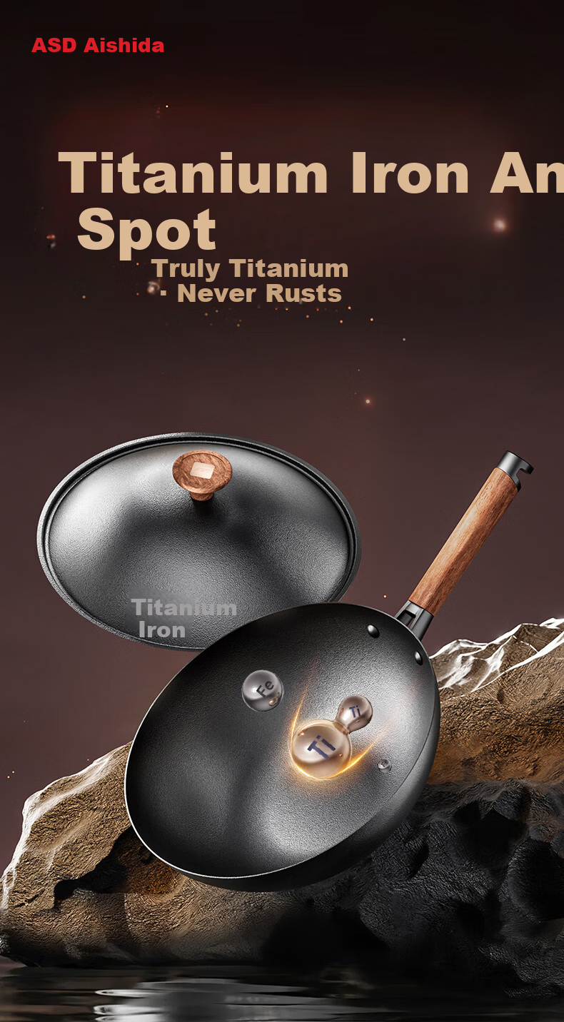 ASD 32cm Titanium Iron Non-Stick Wok with Fluorine-Free Coating for Gas Stove, Suitable for 4-6 People 1