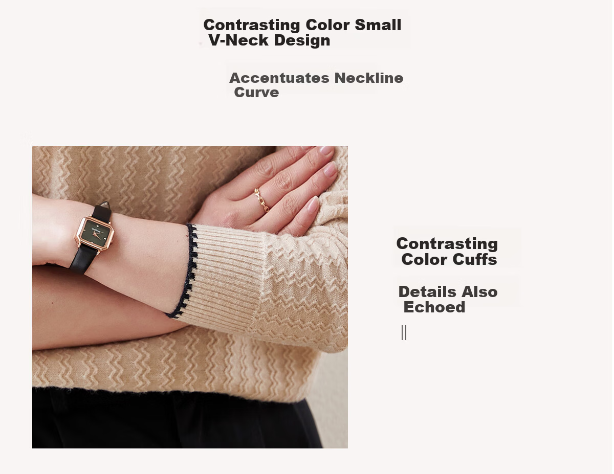 Chushen Women's Spring and Autumn Knitwear Fashionable Elegant V-Neck Color-Block Collar Long Sleeve Base Shirt S141Z3649 5