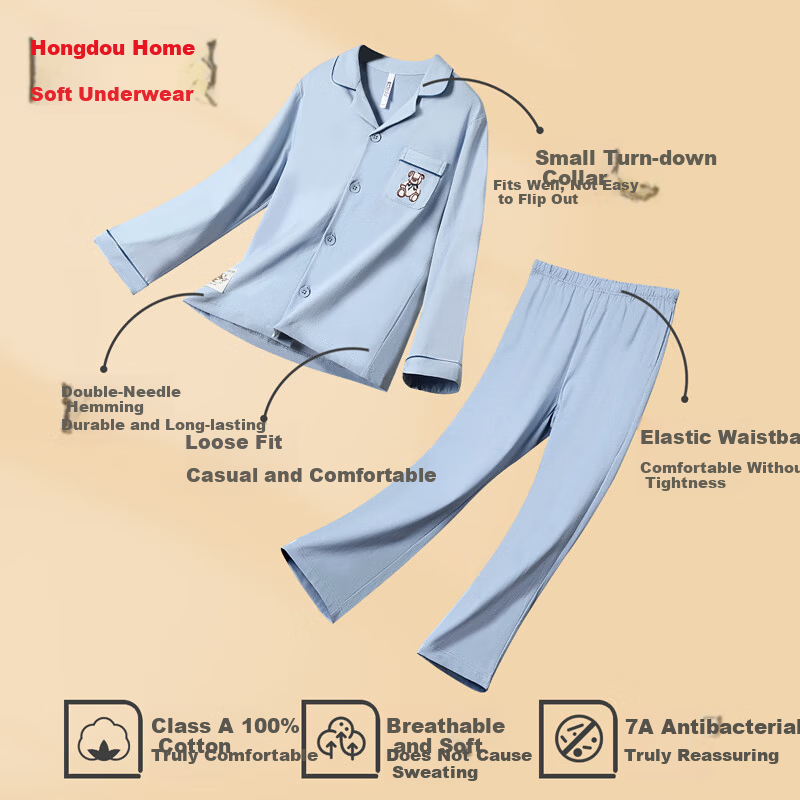 Hodohome Kids Cotton Pajamas Boys Girls Spring Autumn Homewear Long Sleeve Long Pants Size 165