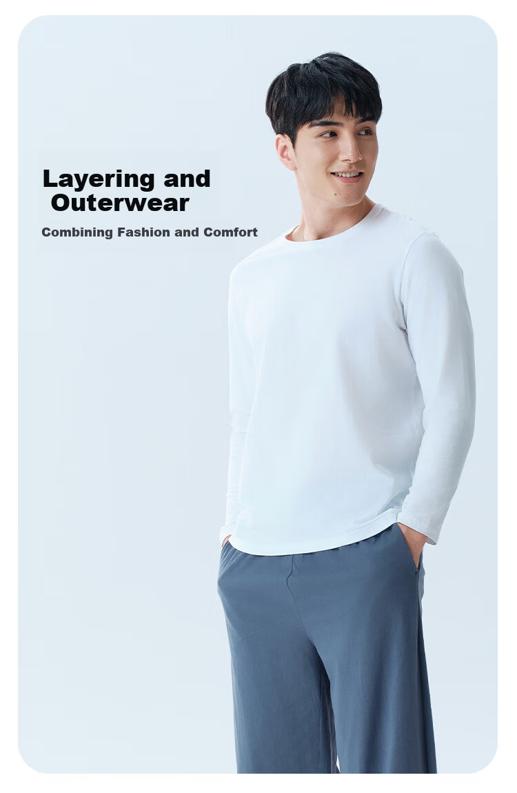 Yiershuang [Class A 100% Pure Cotton] Men's Long Sleeve T-Shirt Autumn Winter Base Layer 7A Antibacterial Mite-Resistant Crew Neck Top 6