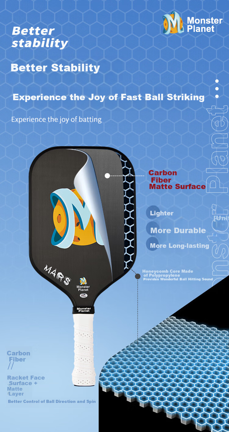 Monsterplanet Monster Planet Pickleball Paddle Set Japanese Imported T700 Matte Carbon Fiber Integrated USAPA Certified 5
