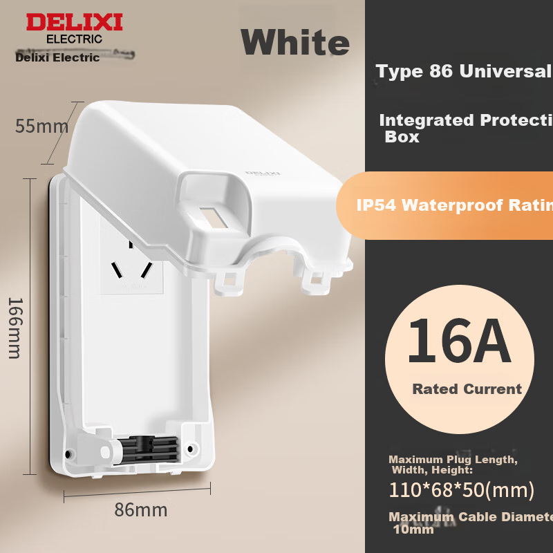 DELIXI Waterproof Socket Cover for Water Heater with Leakage Protection, Large Plug Anti-Splash Box, Three-Hole 16A Socket, White