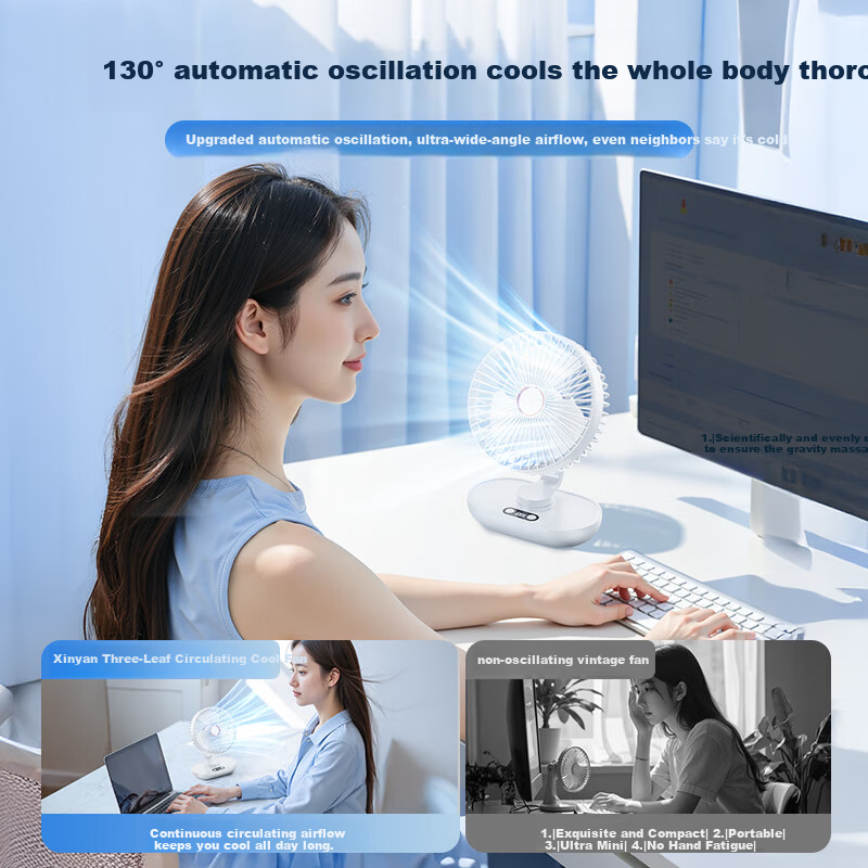 CRENOV Automatic Oscillating Desktop Mini Fan Dual Power USB Rechargeable Silent Student Dormitory Cooling Air Circulator Small Table Fan