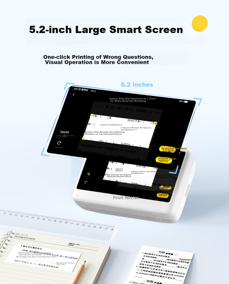 MR.IN 3-Inch Gray Scale Ultra HD Error Correction Printer No Smartphone Required for Middle And High School Students Instant Printing Home Use Error Correction Large Screen Photo-Taking Learning Printer P3W 11