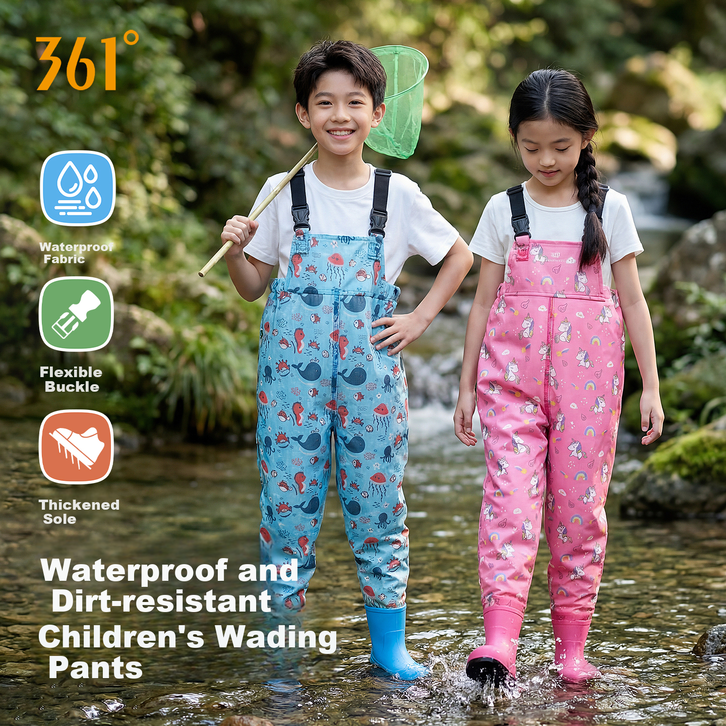 361° Kids Waterproof Wading Pants One-Piece Water Shoes New Stream Trekking Outdoor Fishing Water Play Pants