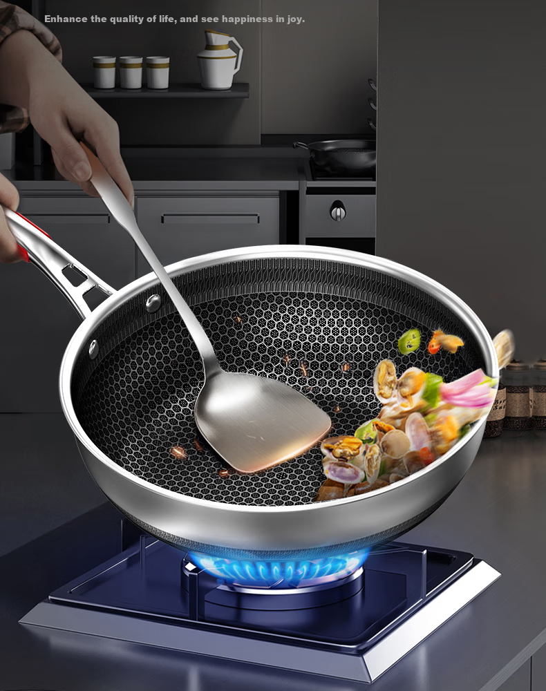 Kambach 316L Stainless Steel Honeycomb Dual-Use Frying Pan Flat Bottom Wok Deep Frying Pan for Induction and Gas Stoves 9
