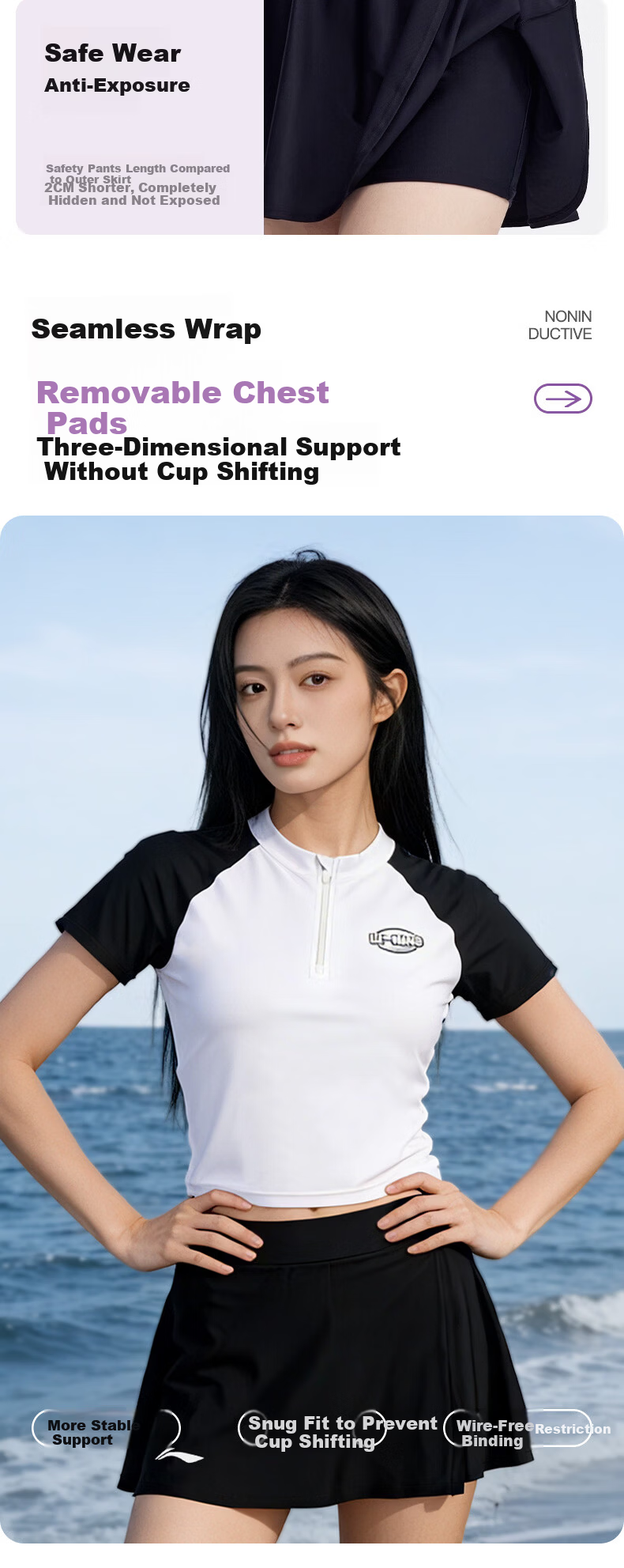 LI-NING Women's Premium Swimwear 2026 New Junior High School Two-Piece Skirt Youth Swimsuit 0901 Black L 2