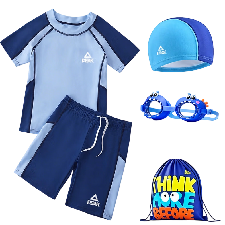 PEAK Children's Swimwear, Boys' Professional Short-Sleeve Two-Piece Training Swimsuit And Trunks, Chlorine-Resistant Hot Spring Swimming Cap And Bag Set, Size 150
