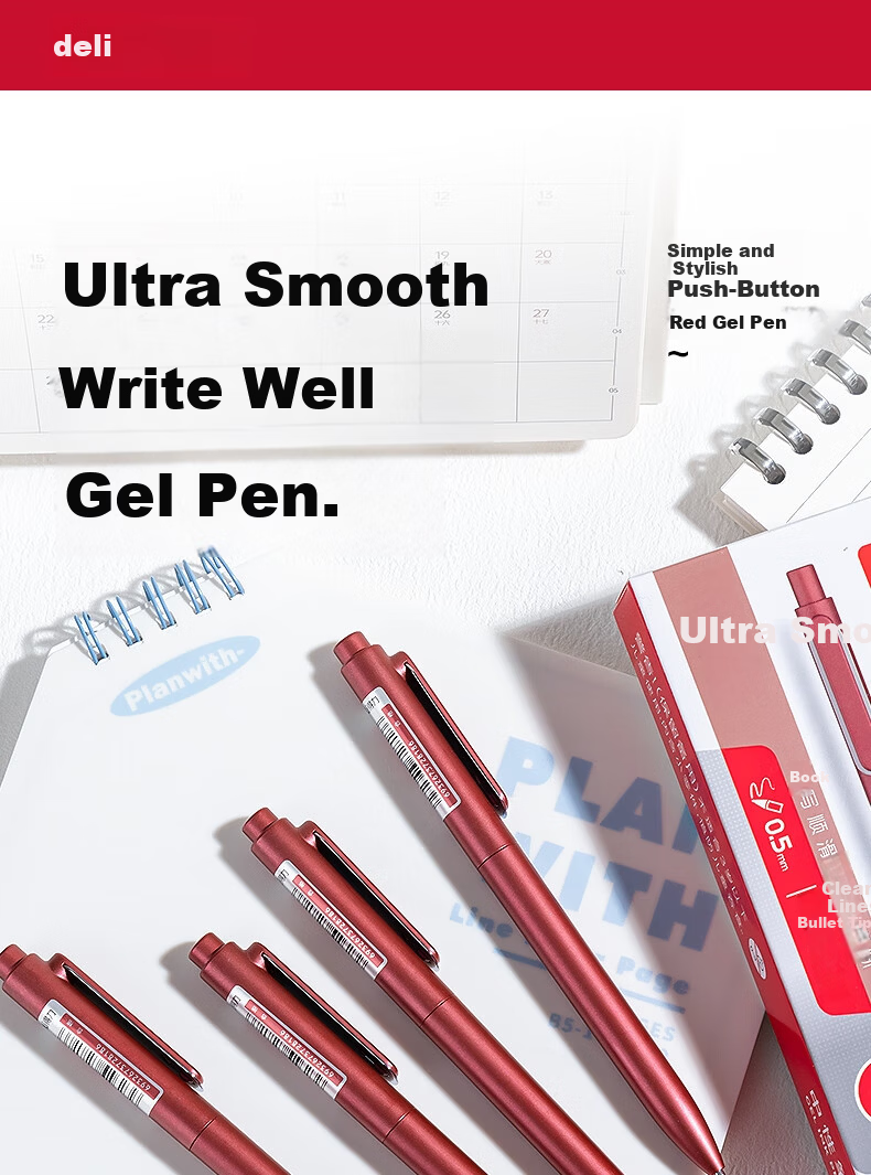 Deli Smooth Star Lesu Premium Smooth Gel Pen 0.5mm Bullet Tip Retractable Pen Metal Paint Red 12pcs/Box A12 1