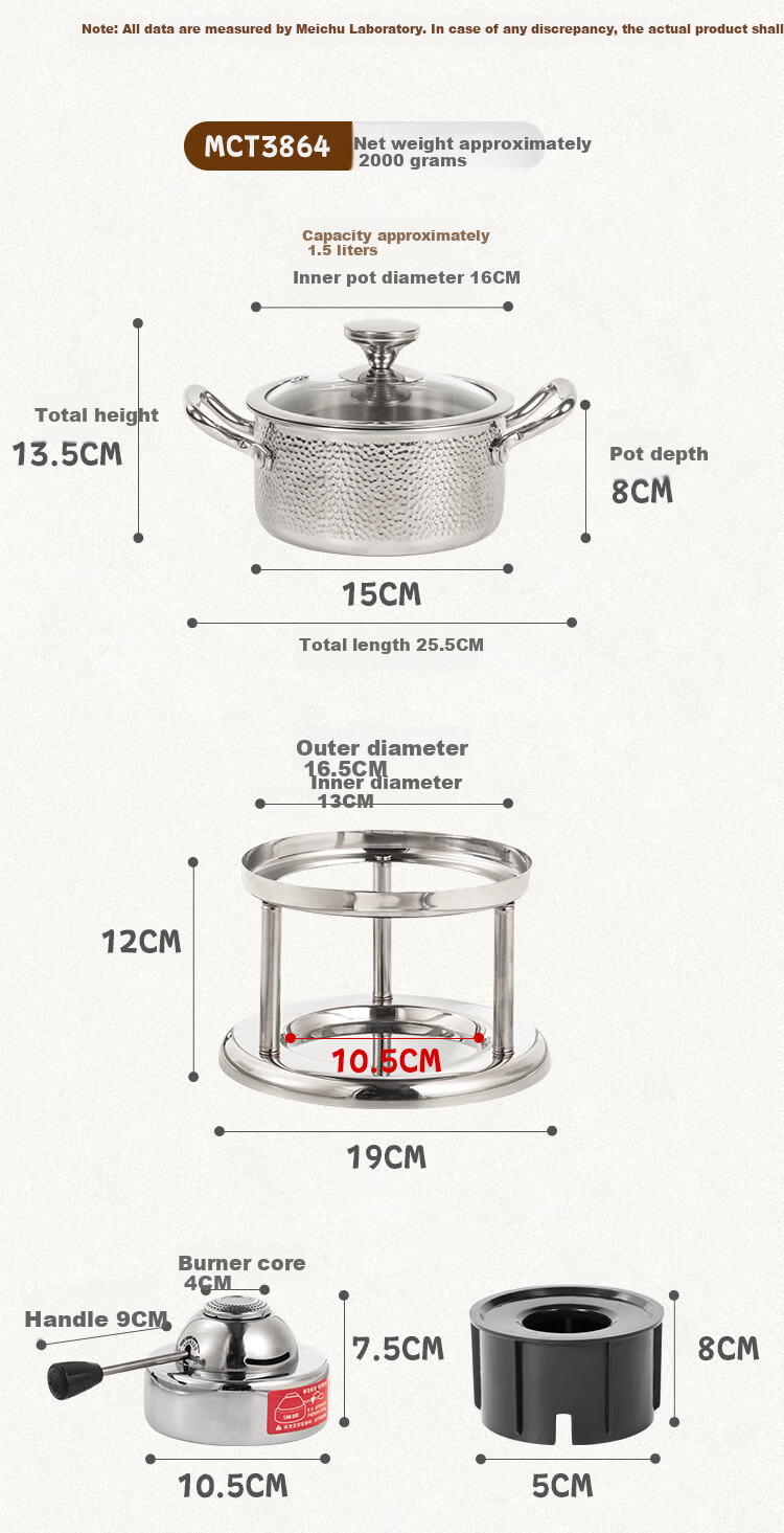 MAXCOOK 304 Stainless Steel Hot Pot Three-Layer Steel Alcohol Small Hot Pot Dry Pot 16cm Outdoor Home Cookware MCT3637 5