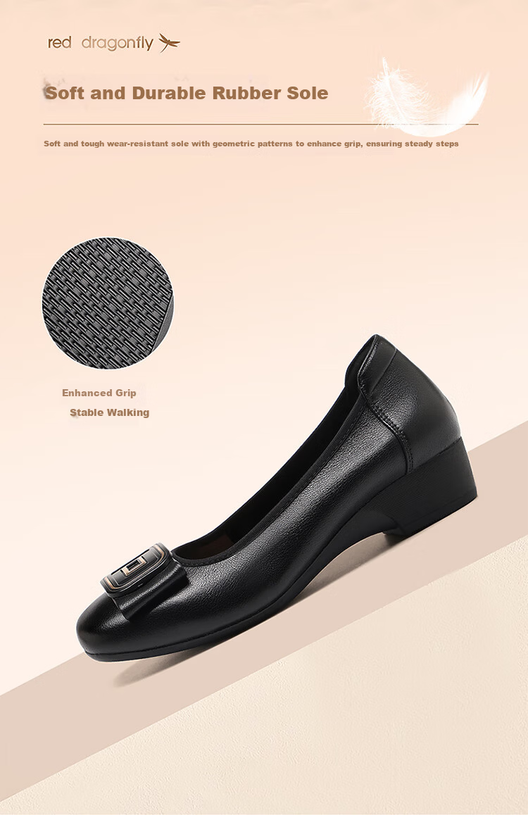 Red Dragonfly Women's Shallow Autumn Cowhide Slip-On Commuting Leather Shoes Soft Sole Lightweight Mom Flats WLB354231 Black 38 5