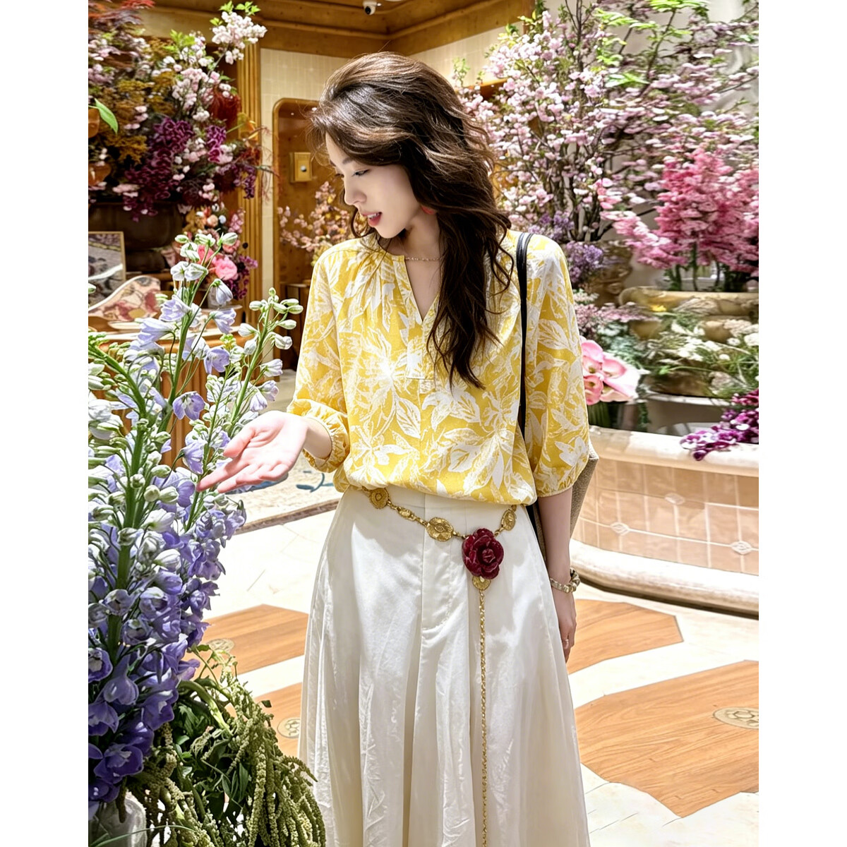 Mt [Pastel Euro Style] Romantic Pure Cotton Printed Shirt with Detachable Decorative Chain Women's Blouse