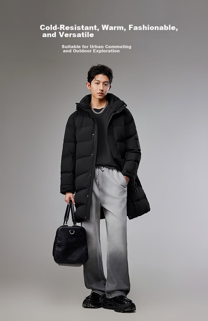 CABBEEN Men's Long Down Coat with Wrinkled Texture, Zipper Pockets, Detachable Hood, Winter 2025 6