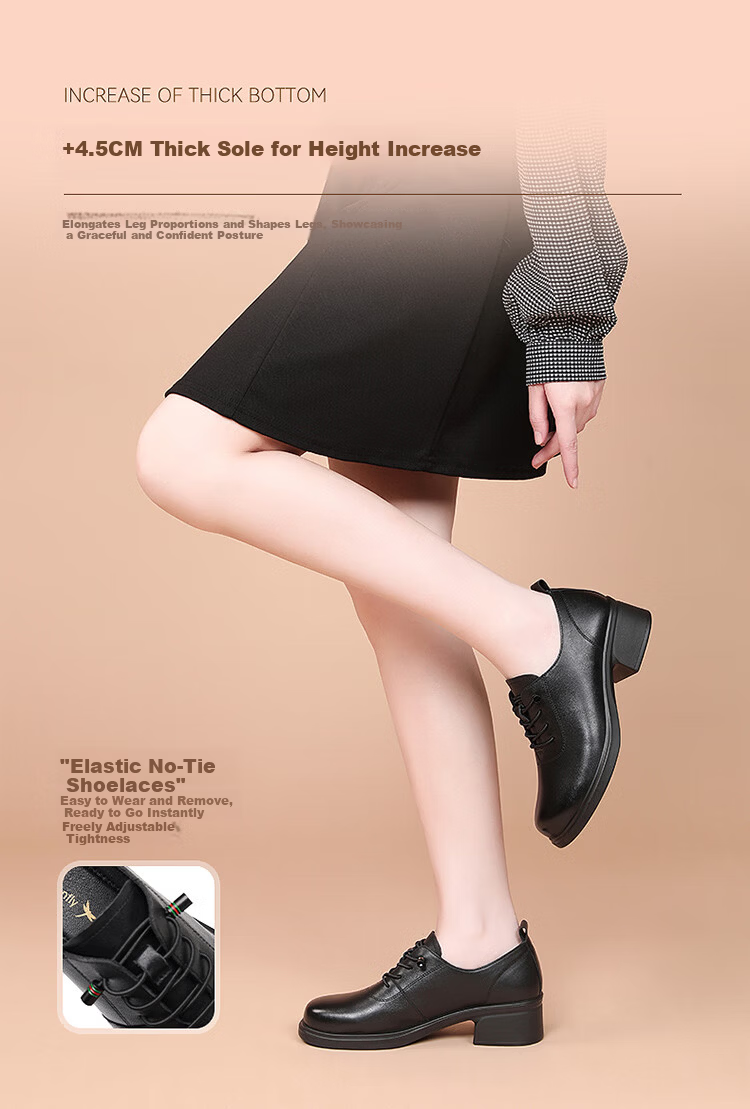 Red Dragonfly Women's Round Toe Low-Cut Leather Shoes, British Style Height-Increasing Work Shoes WTB352081 Black Size 38 3