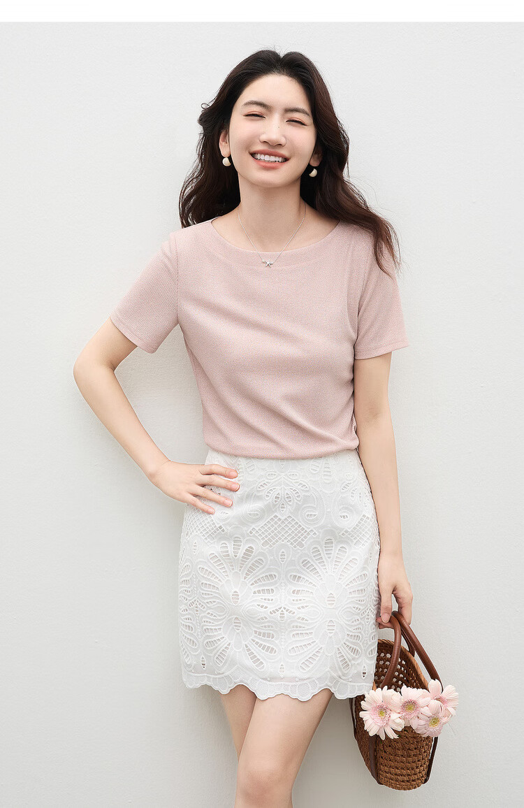 Shangdu Bila Off-Shoulder Boat Neck Double Needle Stitching T-Shirt for Women Summer Elegant Commuter Stretch Ribbed Knit Top 15
