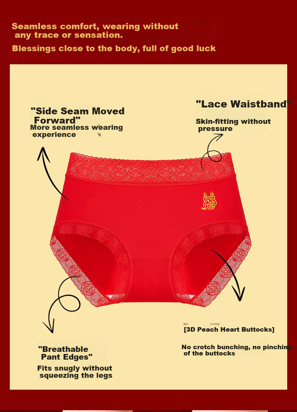 GUJIN Women's Red Underwear Set for the Year of the Snake, Mid-Waist Antibacterial Cotton Briefs and Socks for Marriage Year 9