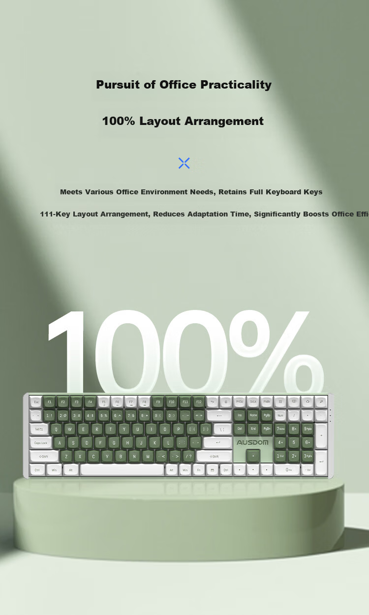 AUSDOM HOLA108 Wireless Keyboard and Mouse Combo Office Gaming Mechanical Keyboard 108-Key Anti-Ghosting Full Layout Desktop Computer Set Green White 6
