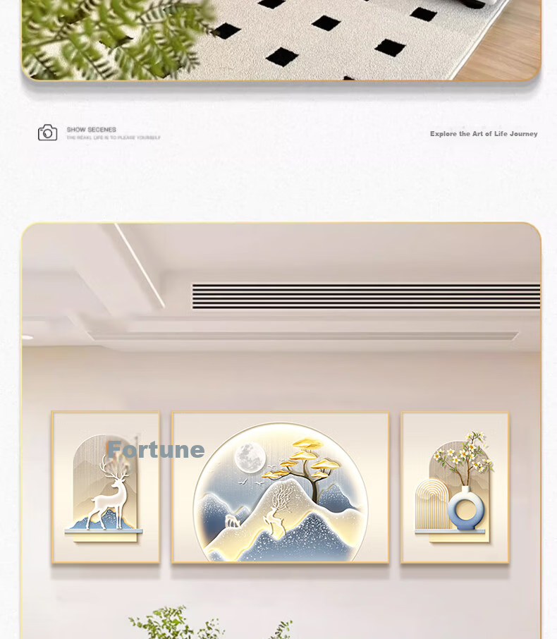 Mao Jiu Jiang Cream Style Furui Continuous Living Room Decorative Painting High-End Sofa Background Wall Hanging Triptych Wall Art 8