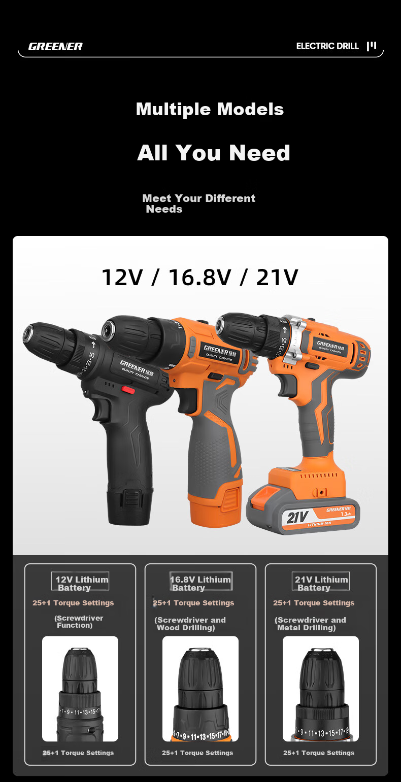 GREENER Brushless Drill Multi-Function Tool Kit Repair Set, 21V Brushless Dual-Speed Drill, 112 Pieces 10