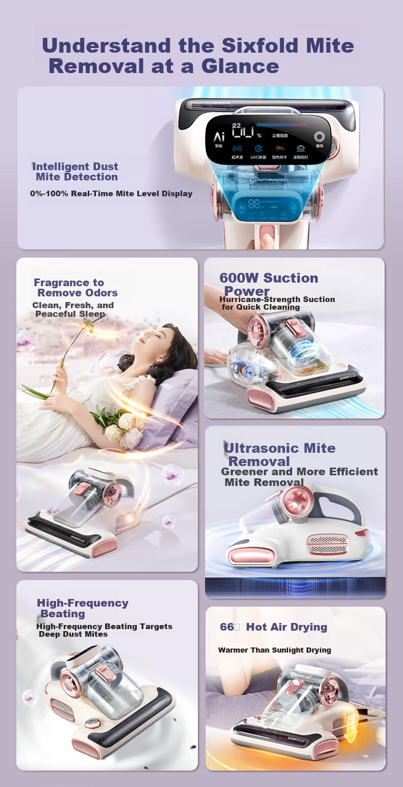 Midea Little Lightning Mite Removal Device [Mother and Baby Grade] BC8pro Bed Treasure Pet Hair Vacuum Cleaner Home High-Temperature Sterilization 3-in-1 Powerful Suction Vacuum and Mite Removal Machi 4