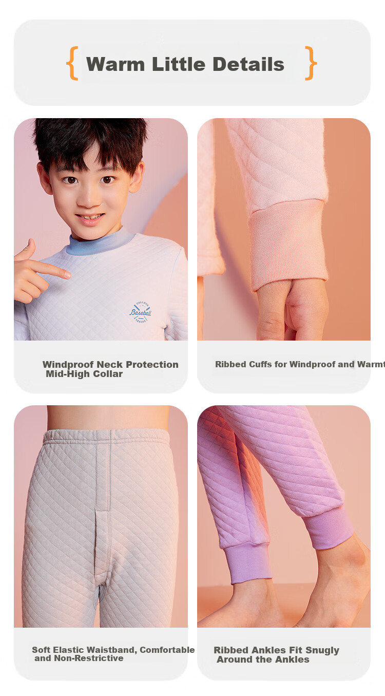 Hodohome Kids Thermal Underwear Girls' Half Turtleneck Pure Cotton Triple-Layer Quilted Thickened Air Layer Autumn Top and Bottom Set 206 Pink Size 130 6