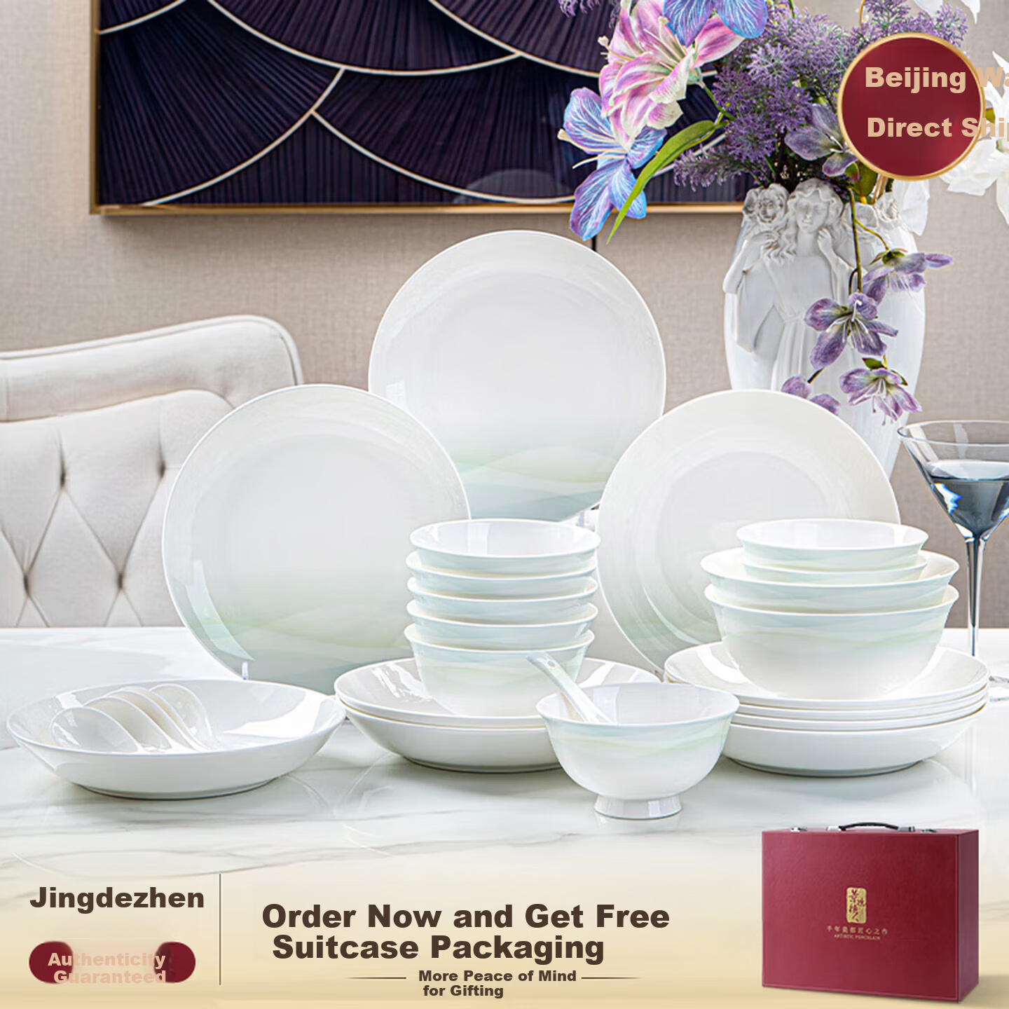 NINE CRANES Ceramic Tableware Set Home Use Jingdezhen Modern Simple Bowls and Plates Couple Full Set