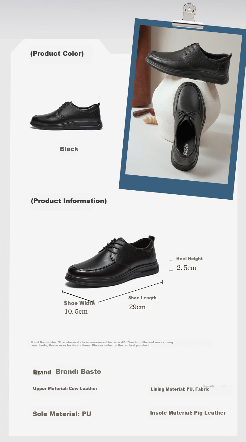 BASTO 26 Summer Comfortable Leather Shoes Perforated Breathable Business Formal Commuter Casual Men's Leather Shoes 67W15BM6 Black Size 40 6