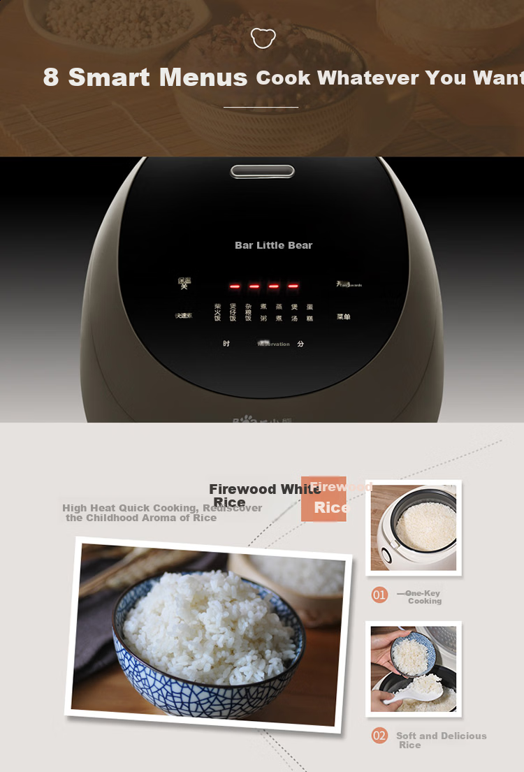 Bear Rice Cooker for 2-3 People, Healthy Non-Stick Iron Pot with Zero Fluorine, IH Three-Dimensional Heating, Smart Reservation, Multifunctional Rice Cooker 3L DFB-Q30V3 8