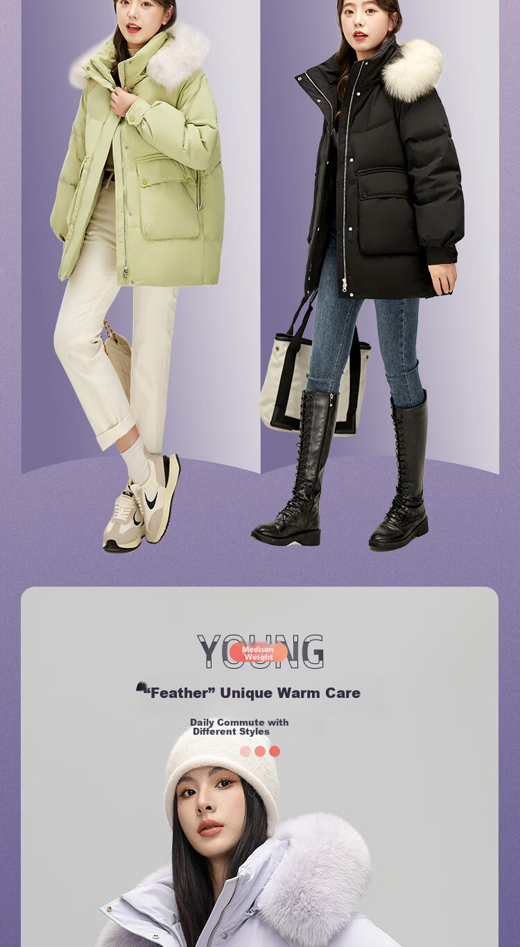 SNOWFLYING Women's Mid-Length Hooded Down Jacket with Fashionable Large Fur Collar, Casual Versatile Thickened Warm Cold-Resistant Down Coat 3