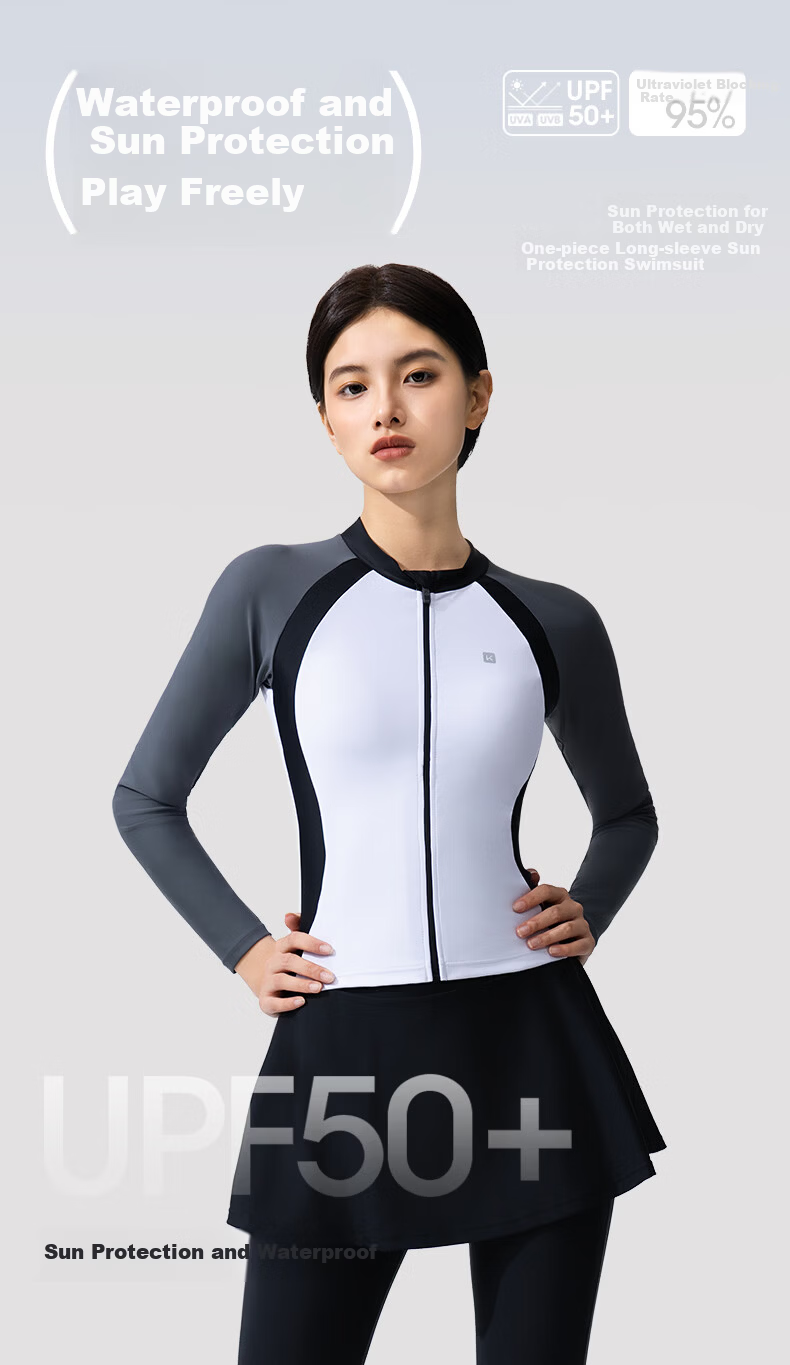 Keep Women's Two-Piece Long Sleeve Long Pants Swimwear Sun Protection Quick-Dry Rash Guard for Snorkeling Surfing Gray White L 1