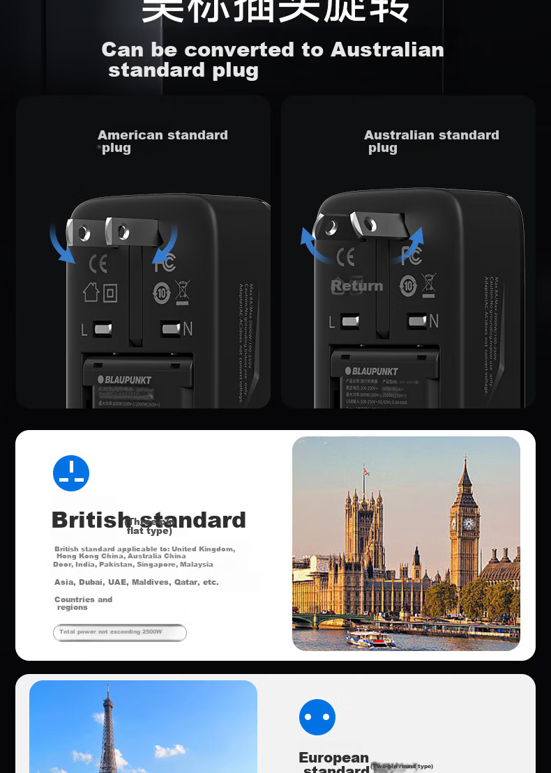 BLAUPUNKT German Universal Travel Adapter Plug, Multi-Functional Charging Converter, International Travel Adapter for US, UK, EU, AU, And JP Standards 12