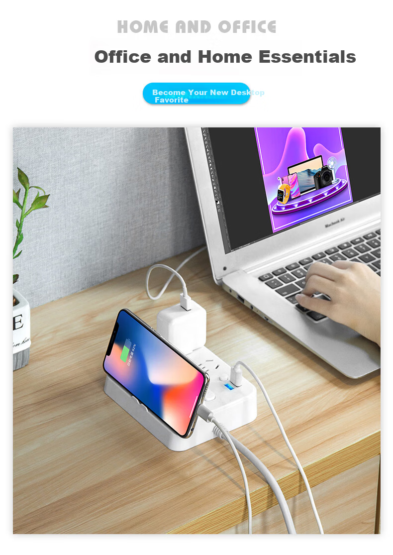 Sushiermo Multifunctional USB Power Strip Socket with Phone Holder, 4 Outlets, 1.8m Cord, Master Switch, Suitable for Office/Desk Use 4
