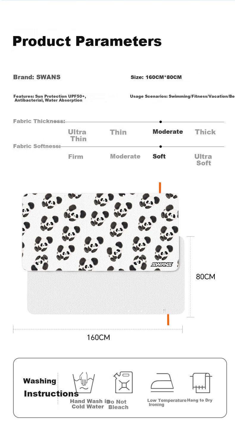 SWANS Quick-Dry Swimming Towel Portable Large Absorbent Bath Towel Unisex Warm Shawl Beach Towel Panda Design 8