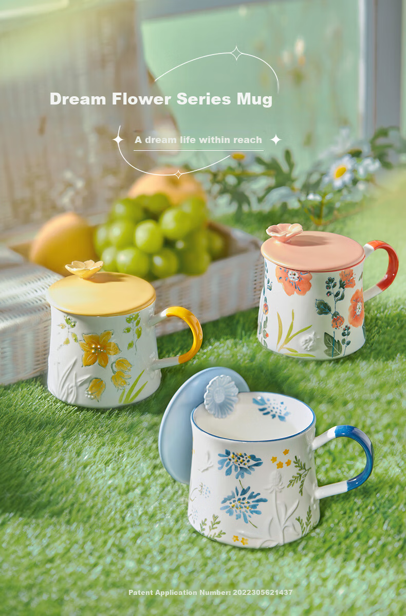 JOYYE Ceramic Mug Hand-Painted Embossed Underglaze Color Dream Flower Cup Birthday Gift Holiday Souvenir 1