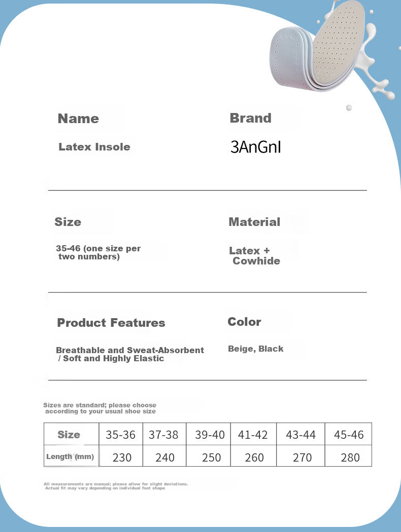 3AnGnI 2 Pairs Latex Cowhide Insoles Lightweight Breathable Sweat-Absorbing Odor-Resistant Comfortable Soft Elastic Unisex 13