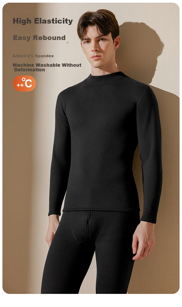 Langsha Men's Thermal Underwear Set Mid-Neck Autumn Winter Fleece Thickened Heating 10A Antibacterial Ultra-Soft Top and Bottom 19