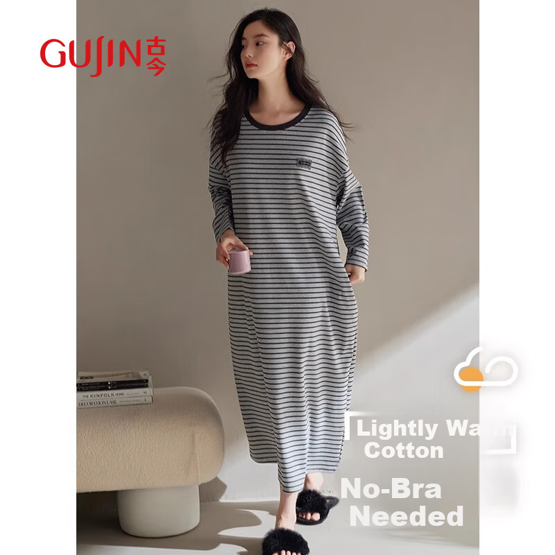 GUJIN Spring Autumn New Pure Cotton Women's Long Nightgown Homewear Casual Loose Plus Size Sleepwear with Chest Pad L