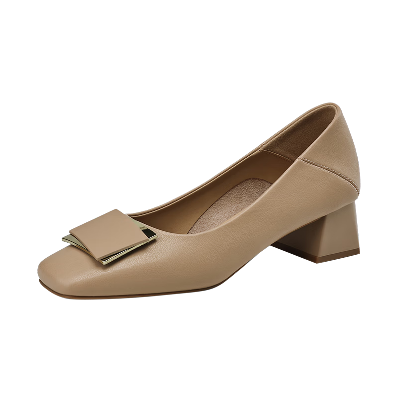 DAPHNE Women's Single Shoes, Cowhide Versatile Square Toe Chunky Heel High Heels, Commuter Women's Shoes 4024404003, Apricot Color, Size 39