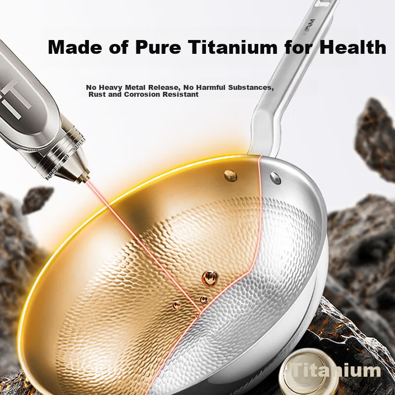 Robam Titanium Frying Pan Pure Titanium Non-Stick Coating-Free Wok Hammered Texture Low Oil Smoke Pan Compatible with Gas and Induction Cookers 32cm