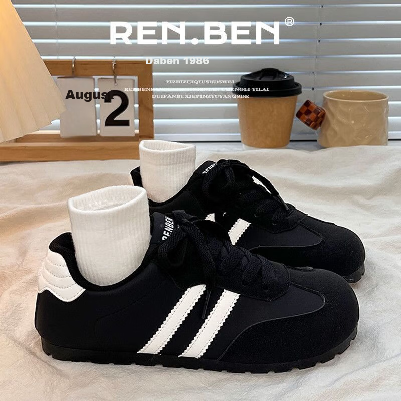 RENBEN Versatile Black German Trainer 2026 Spring Summer New Retro Casual Shoes Lightweight Student Campus Style Small Black Shoes