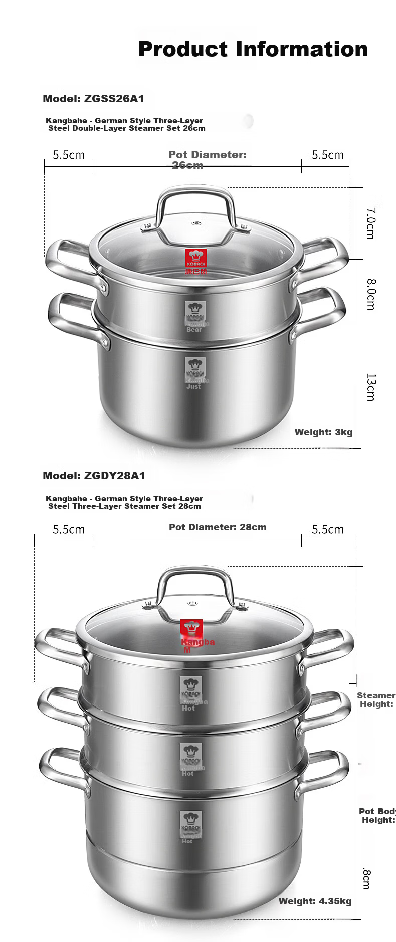 KOBACH German Style 3-Layer 32cm Thickened 304 Stainless Steel Steamer Pot Compatible with Induction and Gas Stoves 8