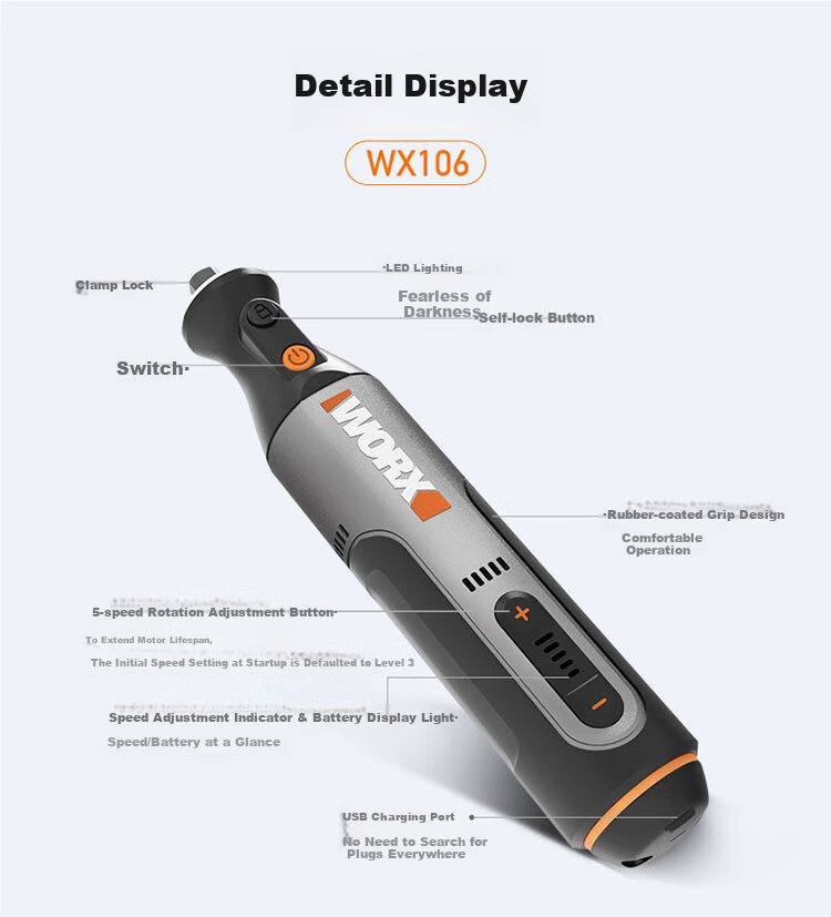 WORX 8V Rotary Tool WX106 Mini Lithium Handheld Cutting Grinding Polishing Engraving Drilling Electric Tool 16