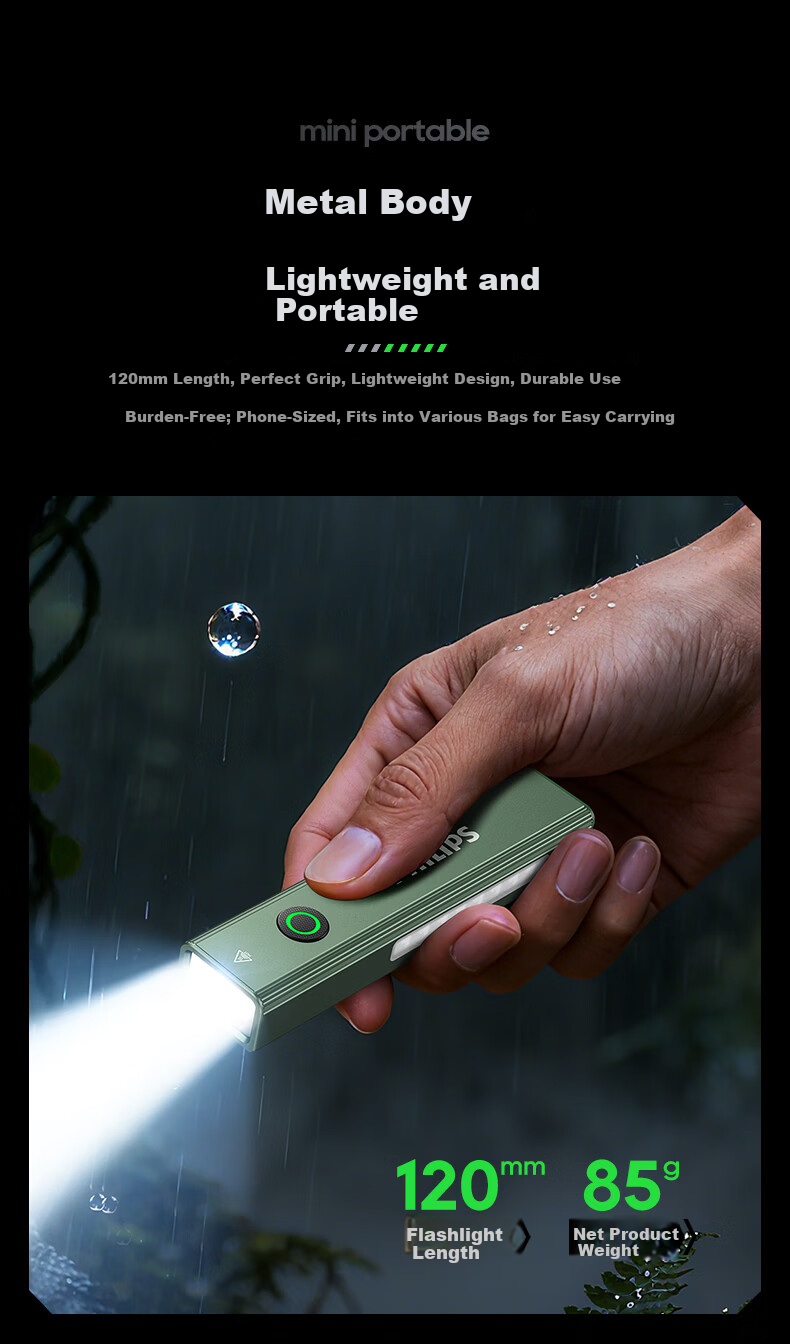 PHILIPS Flashlight, High Brightness, Magnetic Attraction, Household Use, Small Laser Pointer, Infrared Long-Range, Outdoor Lighting, Emergency Light, 6257GR 12