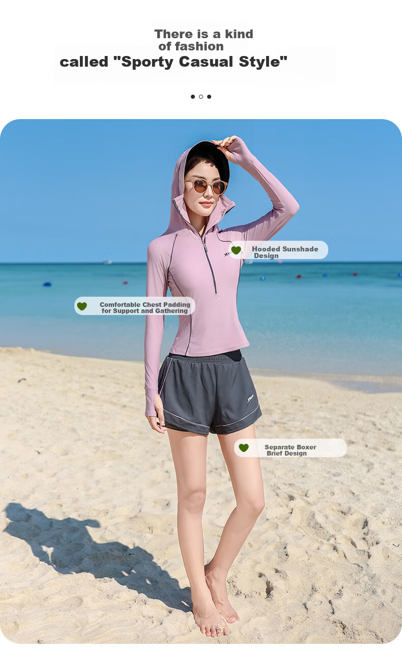 Xtep Women's Long Sleeve Hooded Two-Piece Slim Fit Conservative Casual Sports Swimsuit 4